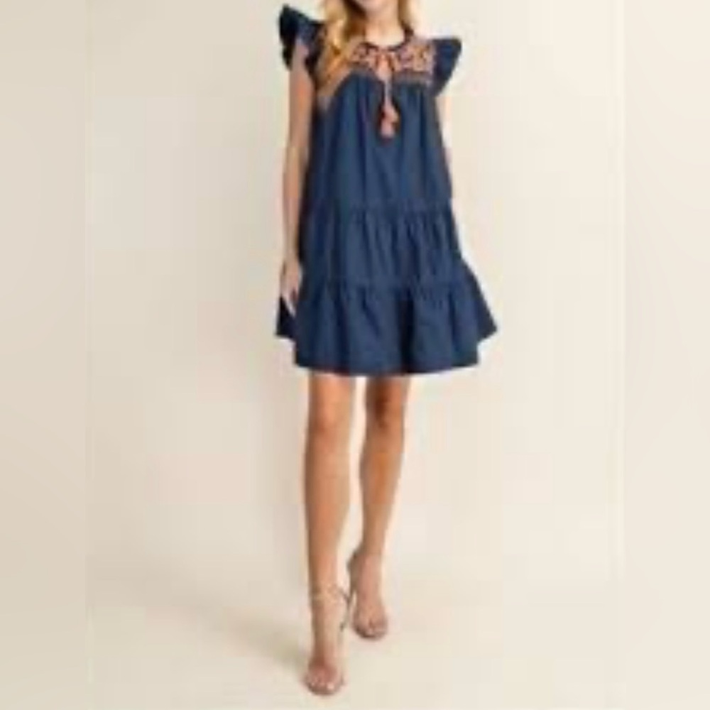 EUC L Love Blue Ruffled Navy Orange Embroidered Tiered Sundress w Tassels S M